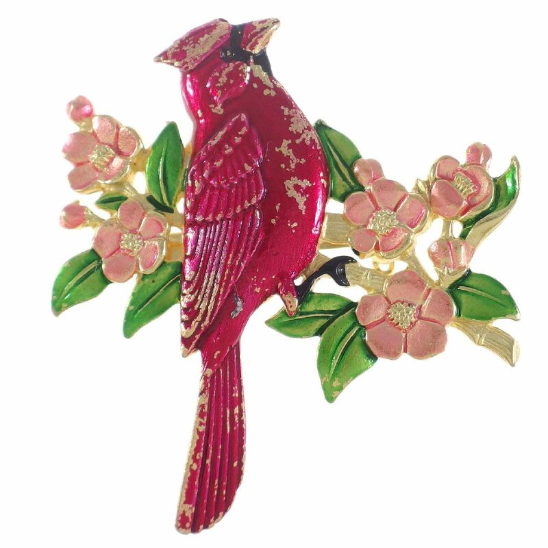 A8429◆【JJ】◆ 赤い鳥とピンクの花 * バード & フラワー ◆ ヴィンテージブローチ ◆