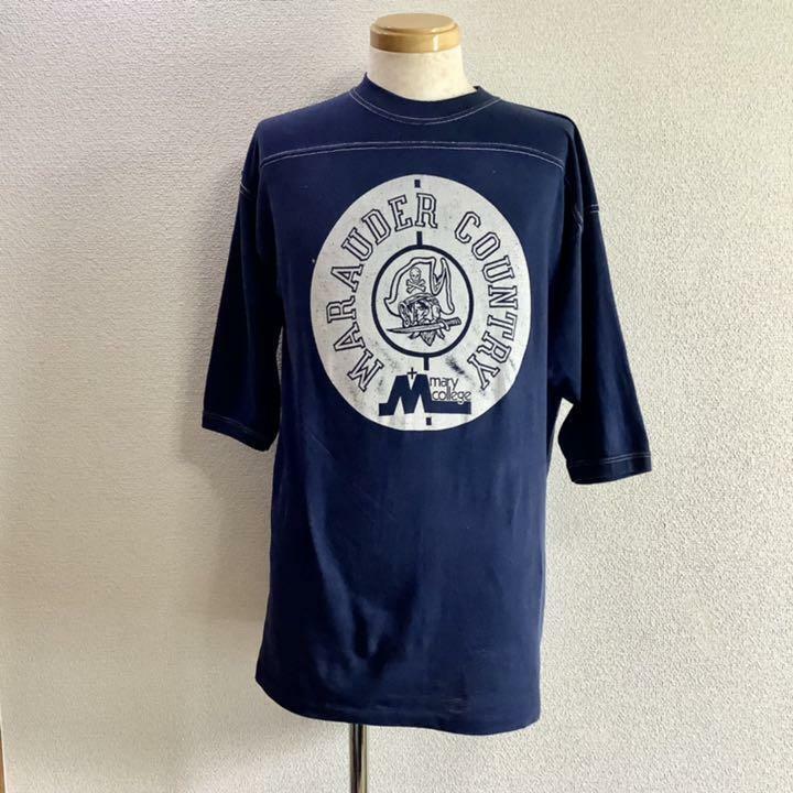USA製 80s Collegiate Pacific Vintage Football T-Shirts ヴィンテージフットボールTシャツ XL ネイビー ひび割れプリント 海賊 スカル