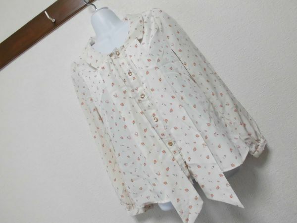 assk1257☆　■■GLACIER■■　小花柄長袖シャツ　トップス　リボン付き　タックシャツ　ピンク　Mサイズ　