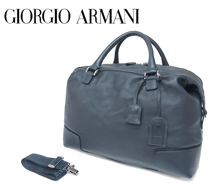 【超美品】 ジョルジオ アルマーニ ARMANI 2WAY ボストンバッグ トラベル 旅行鞄 レザー ネイビー メンズ 紳士 大容量 大きい 柔らかめ