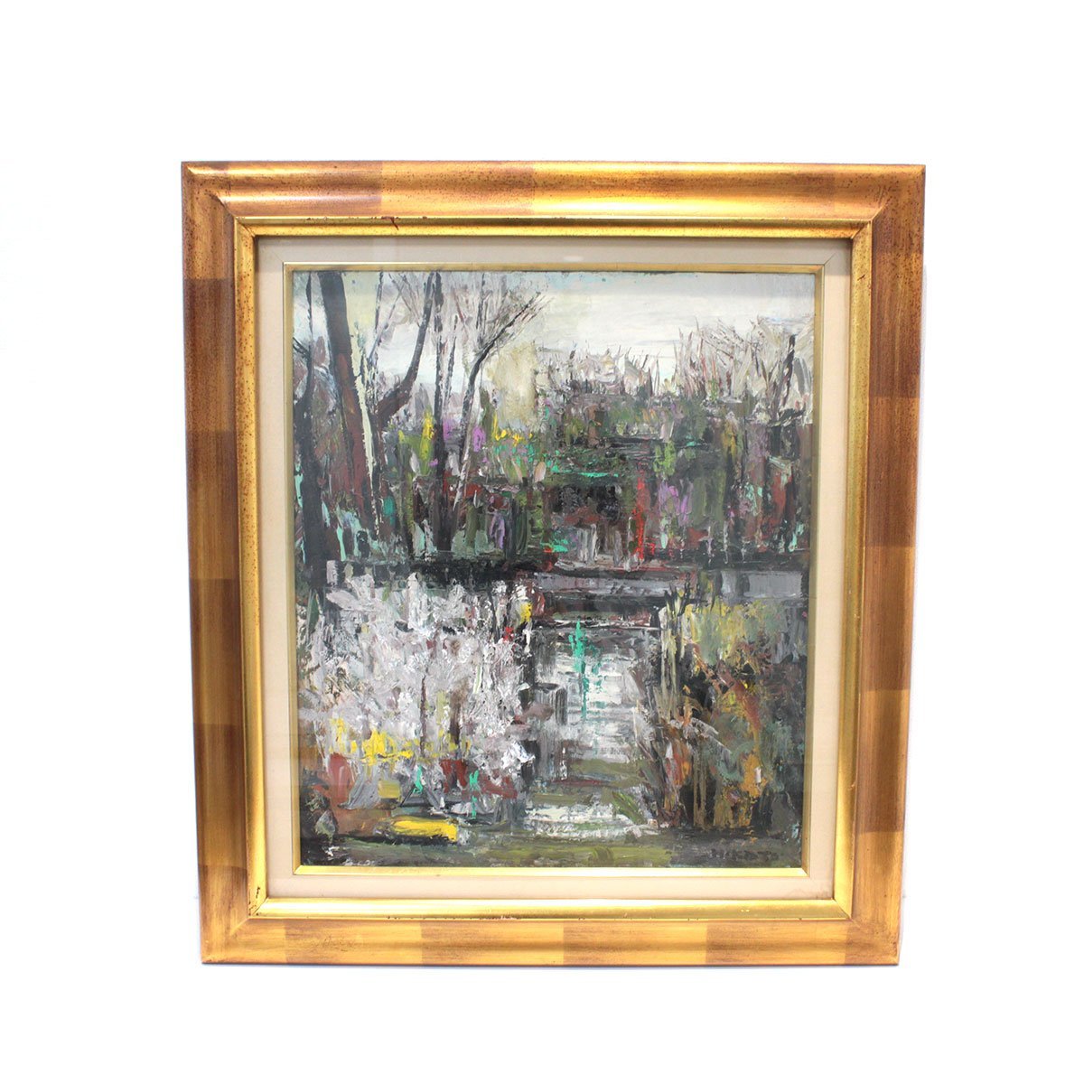 五月の川辺 H.KATO作 絵画 風景画 油絵 額縁付き 送料880円