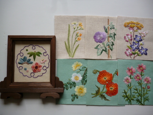 硯屏■刺繍７枚セット■額■四季の花、焼杉、ミニ色紙 