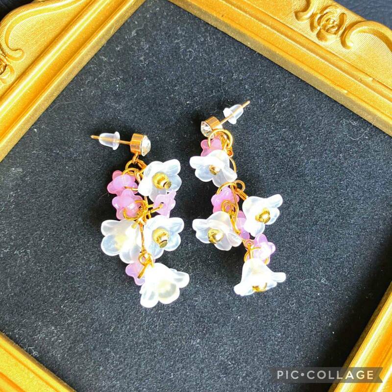 ☆フラワーピアス ゴールド☆ 金 耳飾り イヤリング ハンドメイド アクセサリー パーティー 結婚式 二次会 普段使い ホワイト ピンク 白 桃