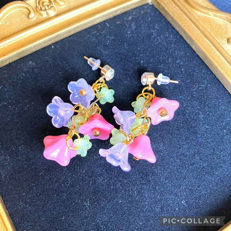 ☆フラワーピアス ゴールド☆ 金 耳飾り イヤリング ハンドメイド アクセサリー パーティー 結婚式 二次会 普段使い ピンク パープル 紫 桃