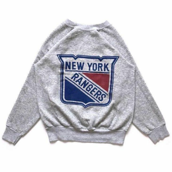 80s vintage USA製 N.Y. RANGERS ニューヨーク レンジャーズ エンブレムロゴ プリント スウェット 長袖 霜降りグレー size M 希少 NHL old