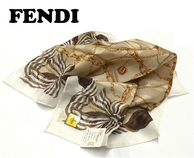 【FENDI】(NO.7086)フェンディ 大判　ハンカチ　ベージュ×ブラウン系　スカーフにも　リボン　未使用　58cm