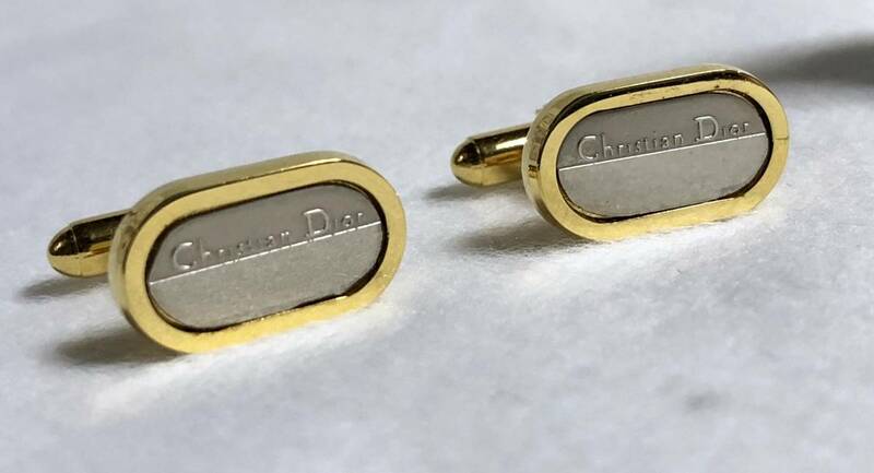 正規良 ディオール Christian Diorロゴ文字オーバルカフス 金×銀 ゴールド×シルバー コンビカラー カフリンクス アイコンラウンドボタン