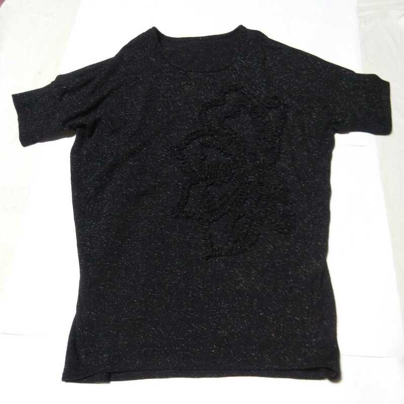 Angel Madam エンジェルマダム ブラックラメニットの素敵なプルオーバー　セーター 刺繍 黒 リブ 半袖 花　重ね着 ドルマンスリーブ 韓国　