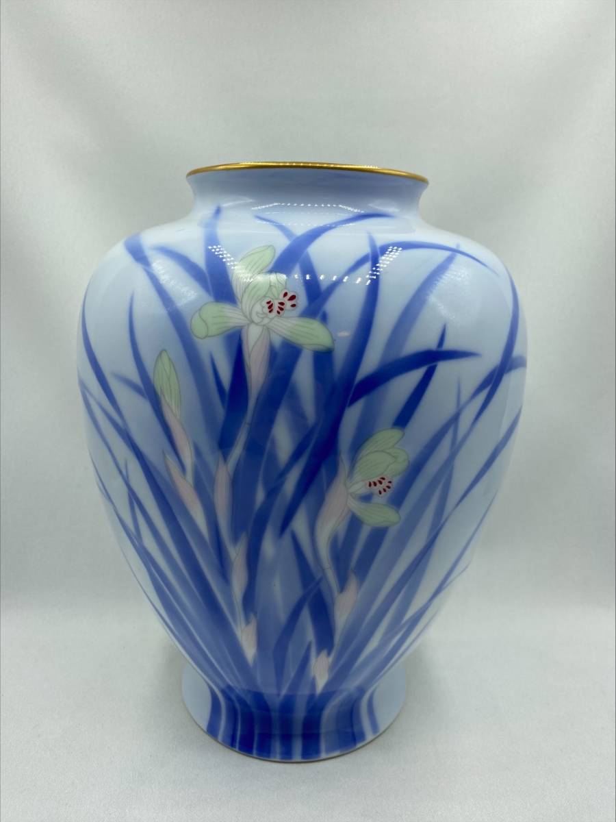 深川製磁 官窯染付 花菖蒲 花瓶 花器 華道具 花道具 共箱あり