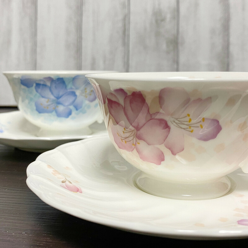 Noritake ノリタケ 9901 花柄 ピンク&ブルー ティーカップ&ソーサー ペアセット 食器 