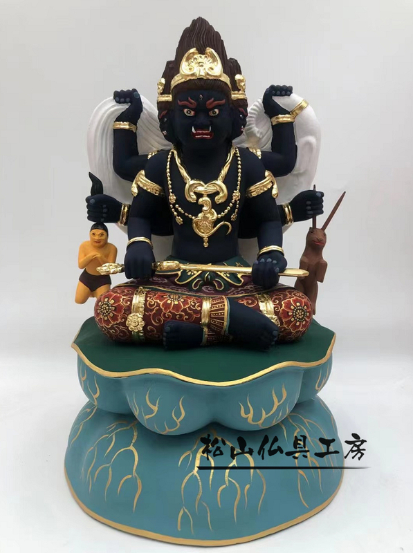 最新作 木彫仏像 仏教美術 忿怒 彩色三面大黒天 切金 高さ26cm