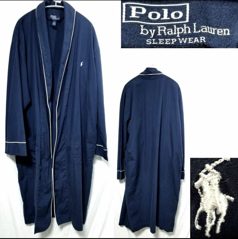 90s POLO ポロ ラルフローレン チェック コットン ガウン コート ローブ ロングコート 90年代 ポニー刺繍ロゴ ネイビー メンズL
