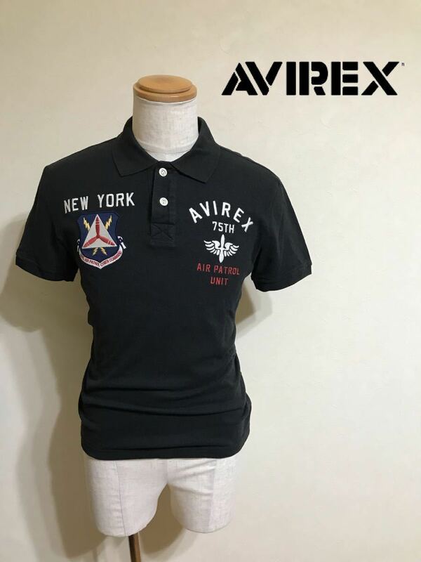 AVIREX U.S.A アヴィレックス ミリタリー 刺繍 鹿の子 ポロシャツ トップス ブラック サイズM 半袖 黒