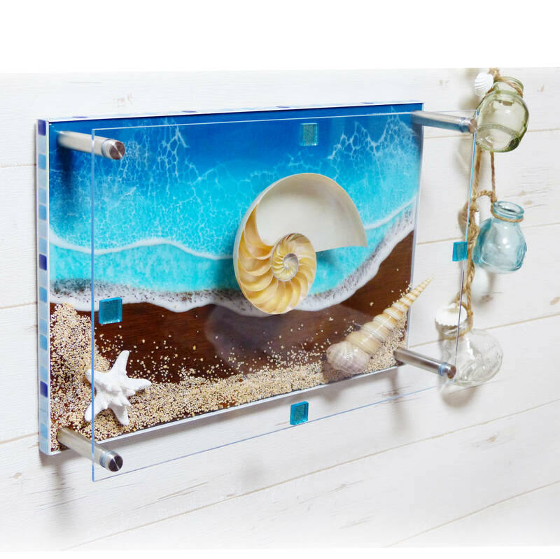 碧のビーチ&シェル(貝殻) アートパネル 壁掛け レジンアート 店舗ディスプレイ 展示 立体造形 オブジェ