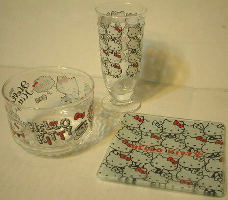 Hello Kittyのガラスプレート,グラス,ボウル。 