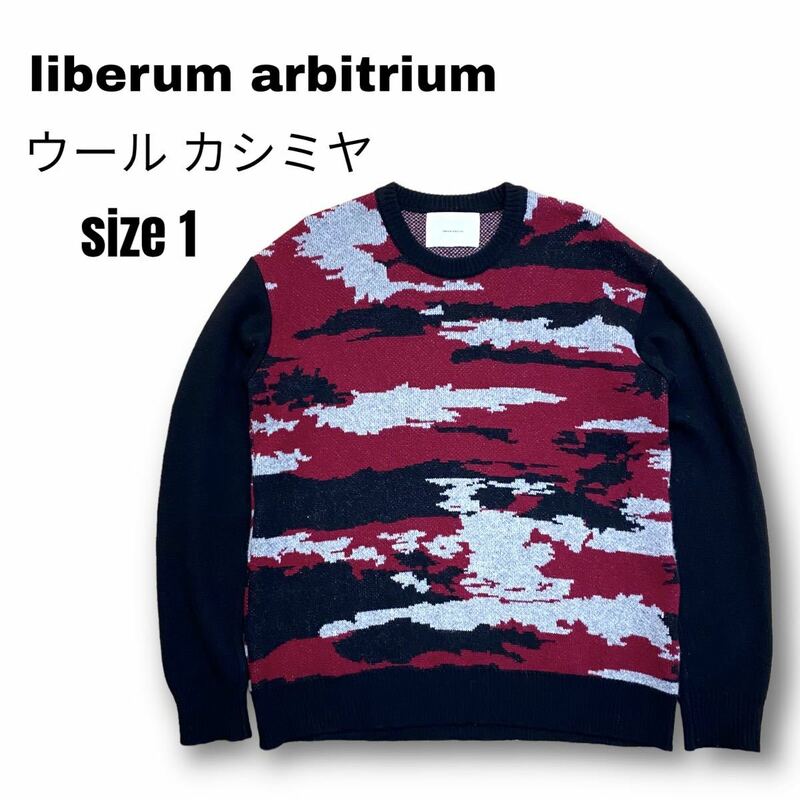 美品 liberum arbitrium リベルムアルビトリウム カシミヤ ウール クルーネック ニット セーター 迷彩 カモフラ 赤 黒 ブラック グレー 1