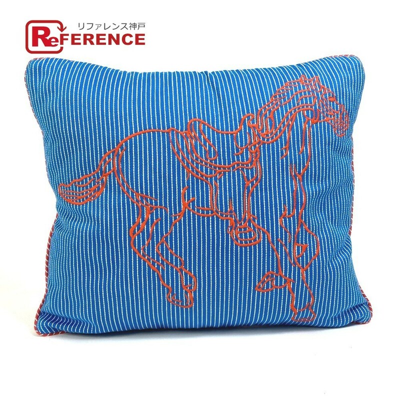 HERMES エルメス 枕 インテリア Western & Cie pillow 馬 ホース ストライプ ストライプ クッション コットン ブルー 【中古】新品同様