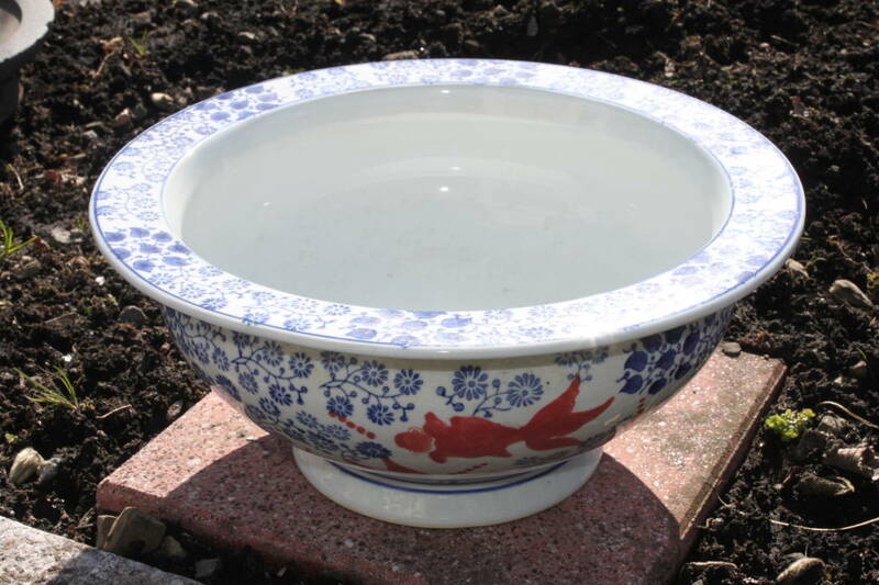 ●睡蓮鉢　色絵 陶器製　アンティーク　中型　水鉢　火鉢　メダカ鉢　金魚⑨