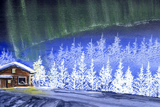 〇第8232号「樹氷とオーロラ」／田中千尋（四季水彩）画 ／プレゼント付き／23201