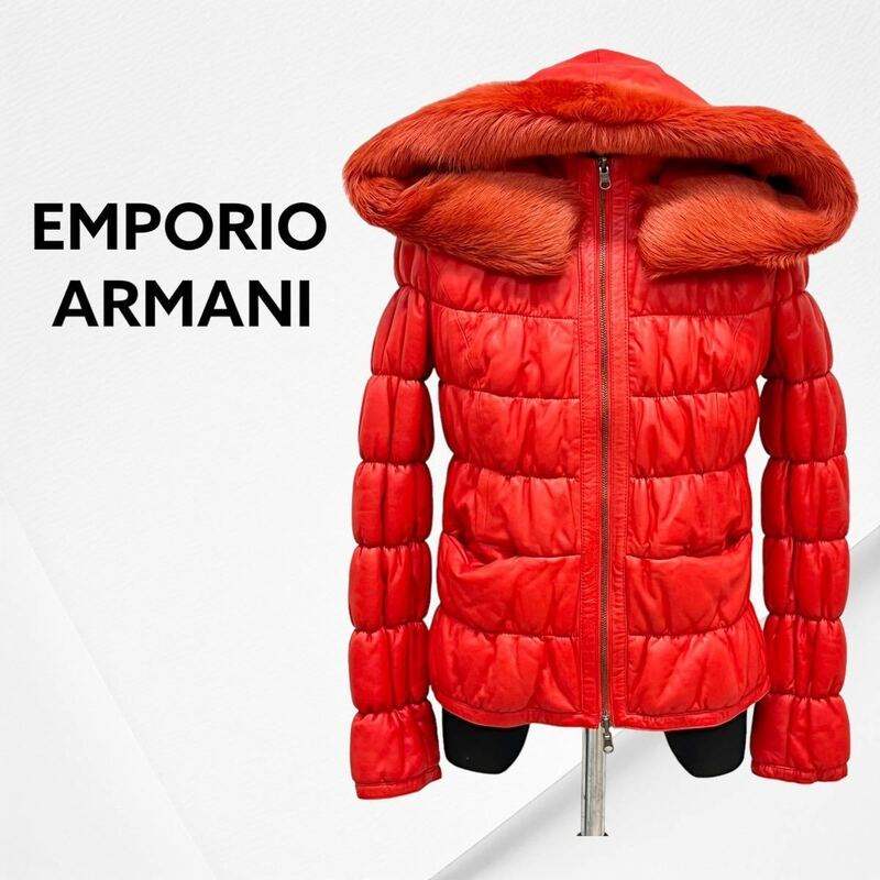EMPORIO ARMANI エンポリオ アルマーニ ラムレザー ナイロン リアルファー フード付き リバーシブル 中綿ジャケット レディース K2B08P