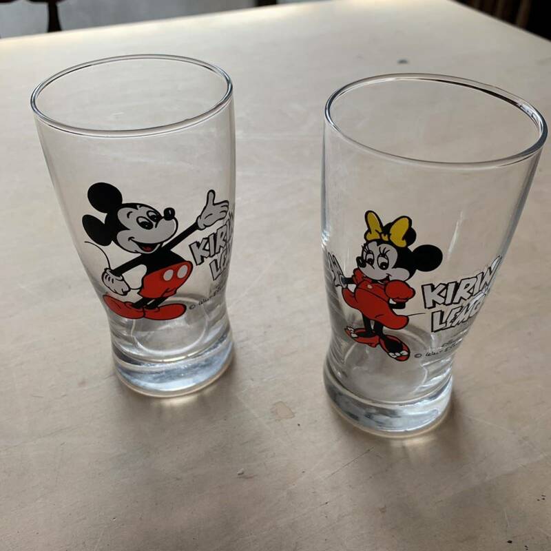 ディズニー コップ　グラス　2点セット　ミッキーマウス ミニーマウス　昭和レトロ キリンレモン