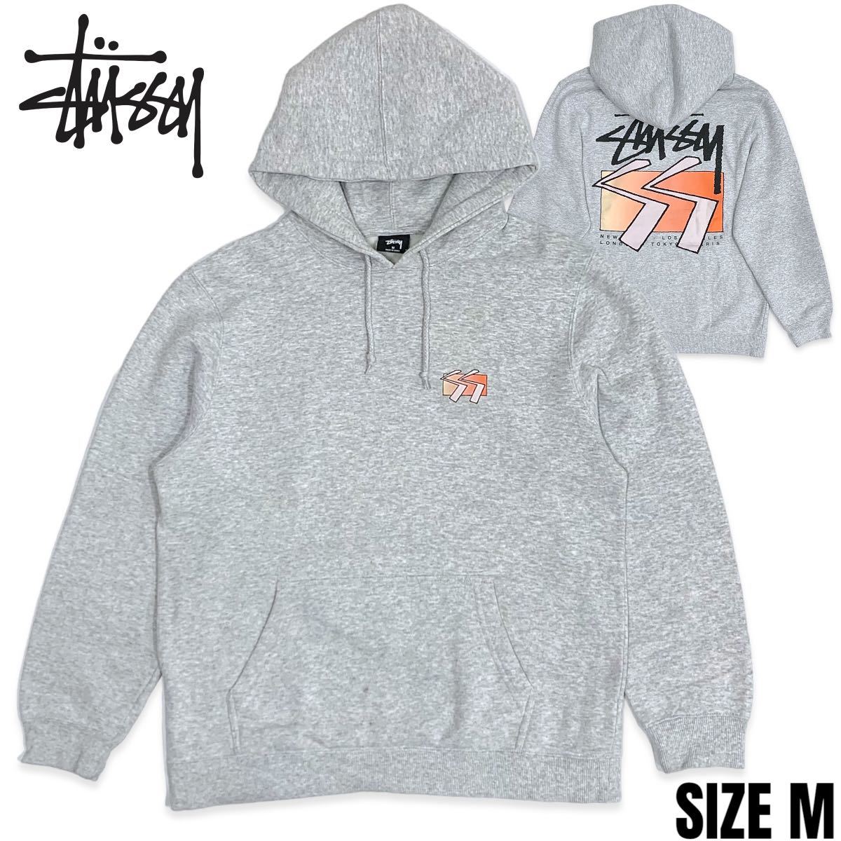 稀少■STUSSY (ステューシー) プルオーバー 長袖 スウェットパーカー 筆記体ロゴ バックプリント 霜降りグレー 灰 M アメカジ 古着