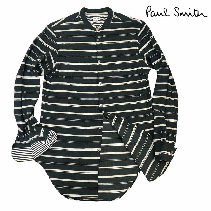 希少 Paul Smith ポールスミス ボーダーバンドカラーシャツ サイズM ブラック×アイボリー 袖口汚れ、袖シミ有 春夏モデル 日本製 230256