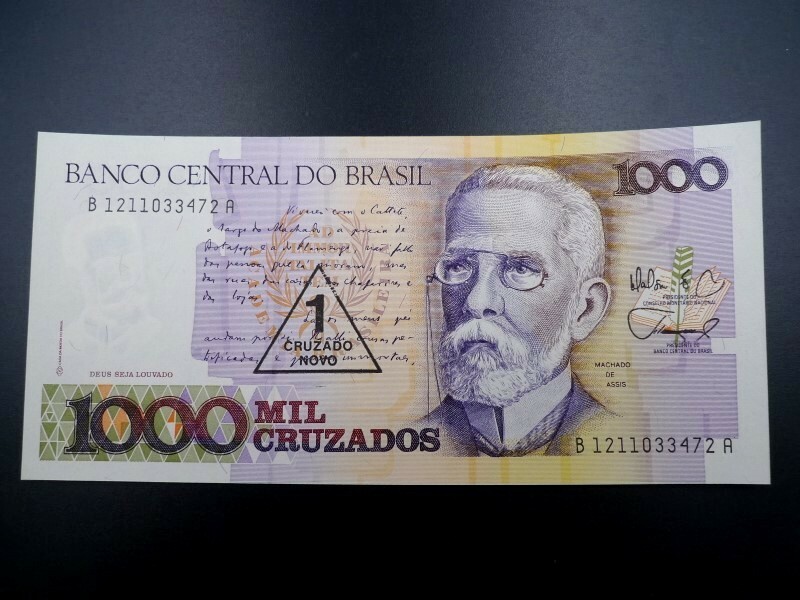 未使用 旧紙幣 南アメリカ ブラジル 1989年 1000クルザード 1新クルザード リオデジャネイロ プリメイロ・デ・マルソ通り