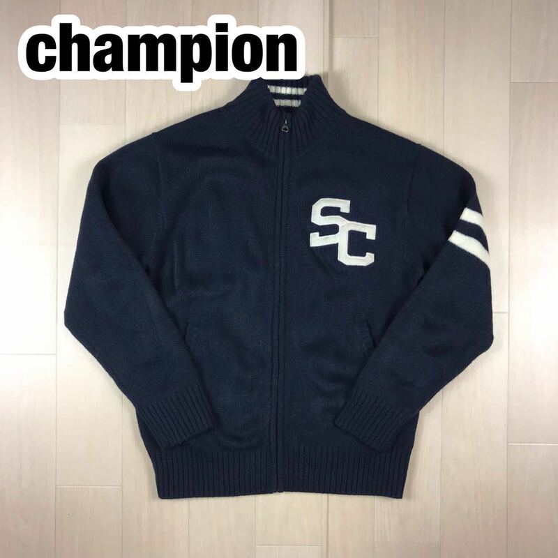 champion チャンピオン ウールアクリル ジップアップセーター M ネイビー