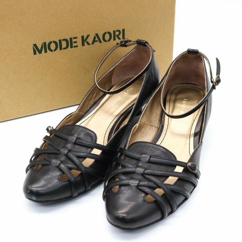 モードカオリ パンプス レザー アンクルストラップ ローヒール 日本製 シューズ 靴 黒 レディース 23.5cmサイズ ブラック MODE KAORI