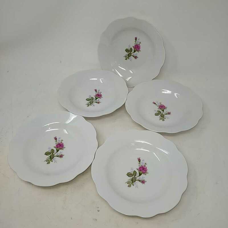 ●美品●バラ絵 プレート デザード皿 小皿 取皿 5枚セット 薔薇柄 陶器 洋食器 アンティーク うつわ 器　S