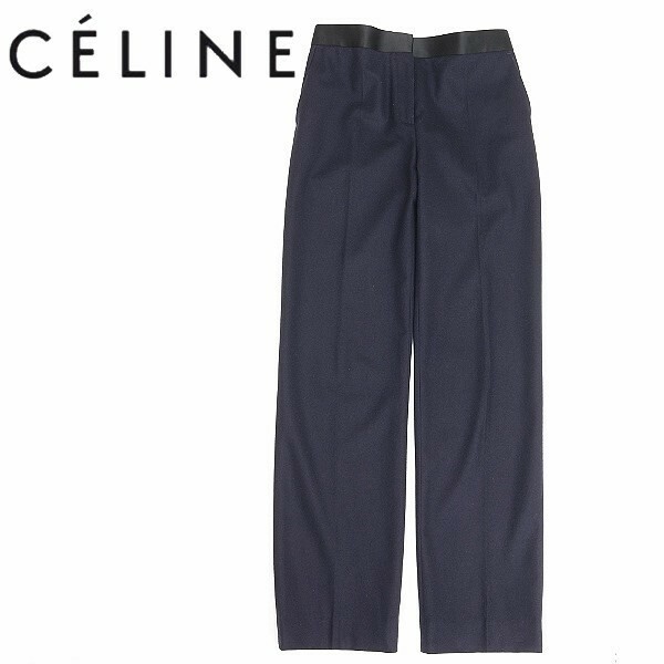 ◆CELINE セリーヌ フィービー期 ウエスト切替 ウール トラウザー スラックス パンツ ネイビー×ブラック 34