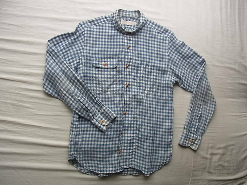 HAVERSACK ハバーサック　リネン100% ギンガムチェック柄　ラウンドカラー　ワークシャツ　サイズ L 日本製　薄く汚れ有り