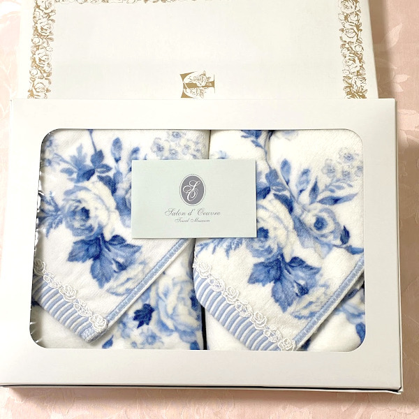 ★未使用★新品【サロン ド オーヴル】薔薇柄◎レース付き フェイスタオル 2枚 ◎上質◎タオル美術館