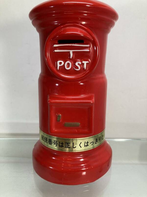 陶器製 レトロ 郵便ポスト型 貯金箱 特大 高さ28cm×直径15cm　ポスト　置物　インテリア　昭和レトロ