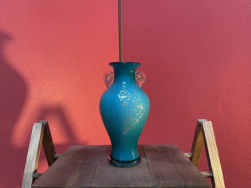 古道具　花瓶　壺　ガラス　フラワーベース　ヴィンテージフラワーベース　ドライフラワー　ターコイズブルー　昭和　レトロ　昭和レトロ