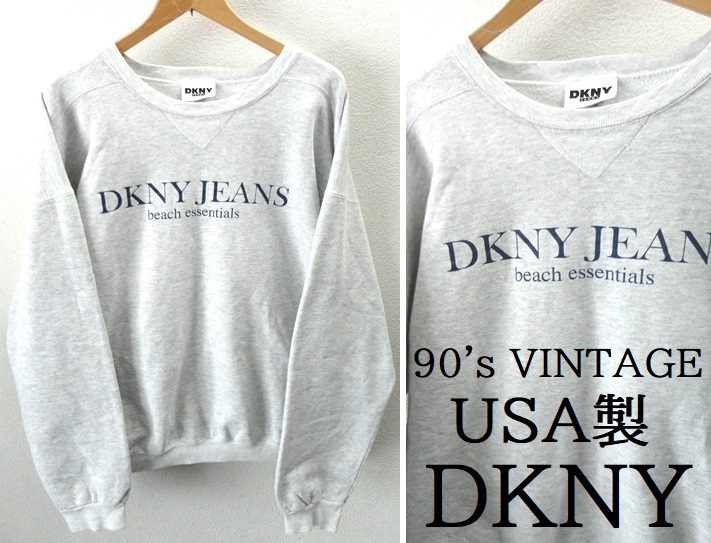 90's ヴィンテージ/USA製/DKNY:ダナキャラン ニューヨーク/ロゴプリント 前V スウェット/トレーナー/グレー/XL相当/