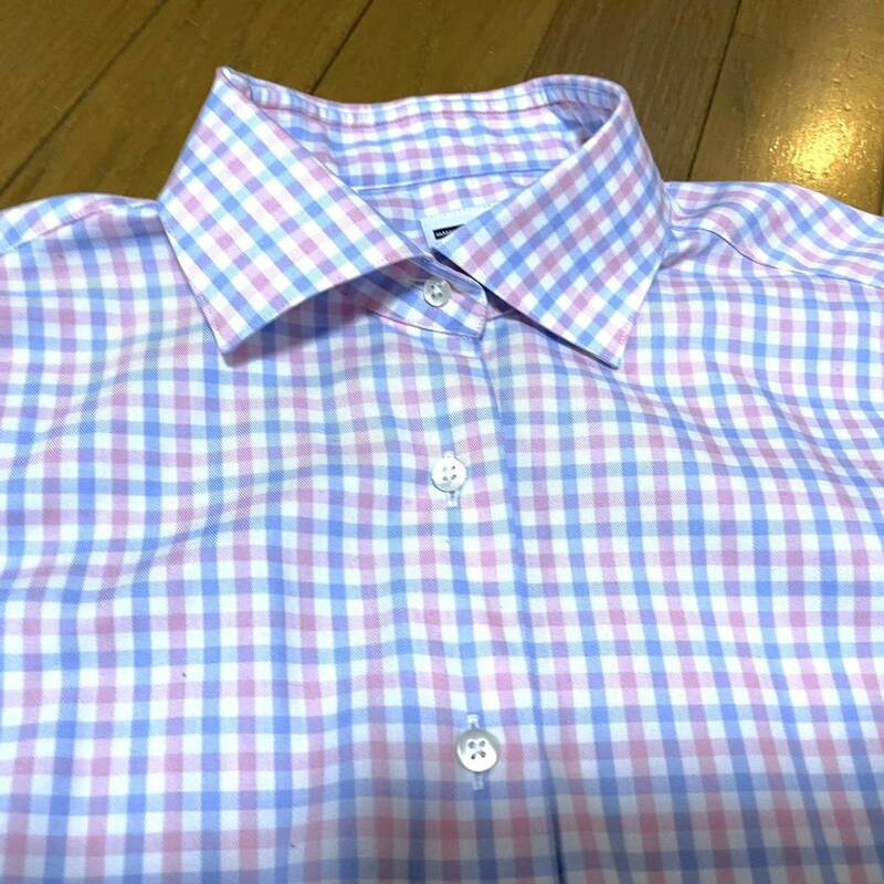 ●鎌倉シャツ水色×ピンクチェック柄イージーケアシャツ38