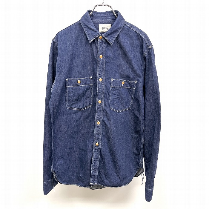 SPELL BOUND スペルバウンド 3 メンズ デニムシャツ 裾に空環 無地 レギュラーカラー 長袖 両胸ポケット 日本製 綿100% コットン ブルー 青