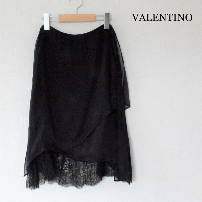 美品 VALENTINO ROMA ヴァレンティノ サイズ38 シルク100％ チュール レース フリル 膝丈 フレアスカート 黒 ブラック