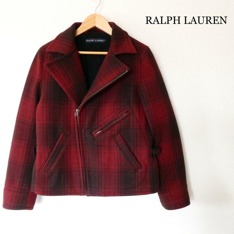 美品 RALPH LAUREN ラルフローレン サイズ7 マドラスチェック柄 メルトン ダブルライダースジャケット Pコート ブルゾン 赤 レッド