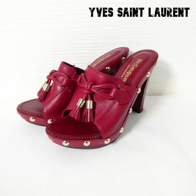 極美品 YVES SAINT LAURENT イヴサンローラン 35 22㎝ レザー スタッズ タッセル オープントゥ チャンキーヒール サンダル ミュール 赤