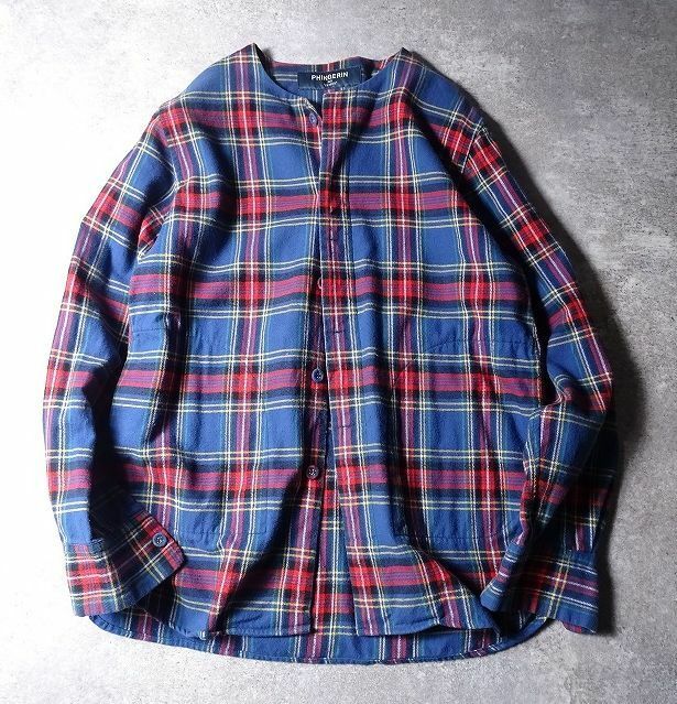 PHINGERIN フィンガリン ノーカラー チェックシャツ コットン ネルシャツ 長袖 日本製 14AW メンズ (S) ブルー/レッド系 　 ●o-150