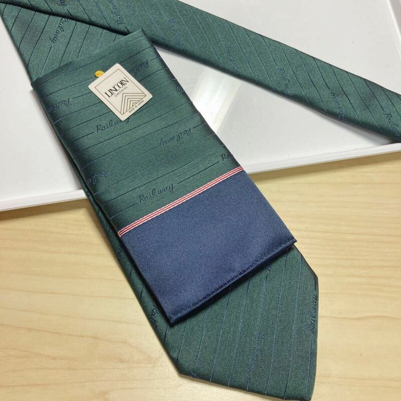 ネクタイ　未使用　日本製　ポリエステル　ハンカチ　セット　グリーン　LINCOLN 結婚式　サラリーマン　メンズ　紳士　ブランド