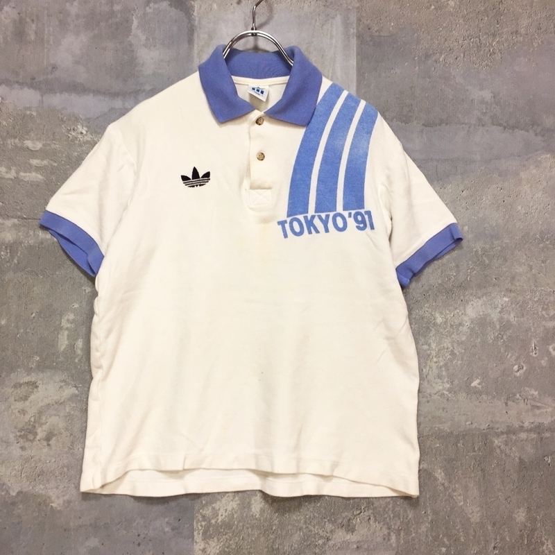 ◆90ｓ トレフォイル 三つ葉◆Adidas/アディダス 半袖 ポロシャツ コットン100％ ホワイト ライトブルー メンズ M A21 ｃ3463