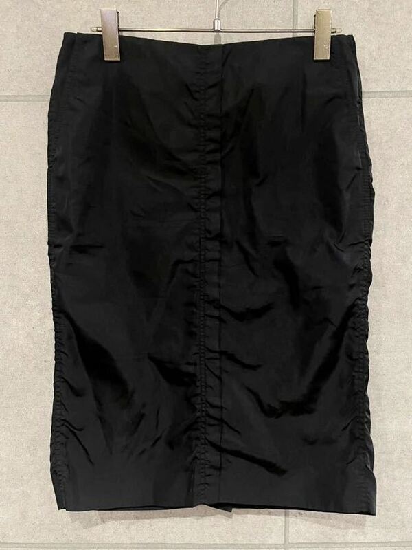 希少デザイン フランス製 YVES SAINT LAURENT イヴ・サンローラン シルク100% スカート 膝丈 ブラック 黒 Mサイズ 新規×（B50）