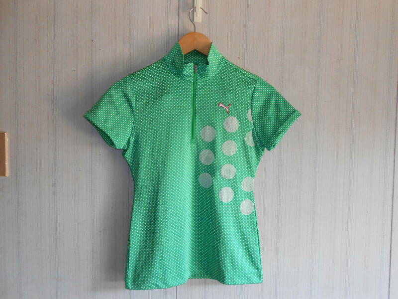 美品PUMA GOLFプーマゴルフ小さなドット柄ハーフジッパー半袖ポロシャツ緑M