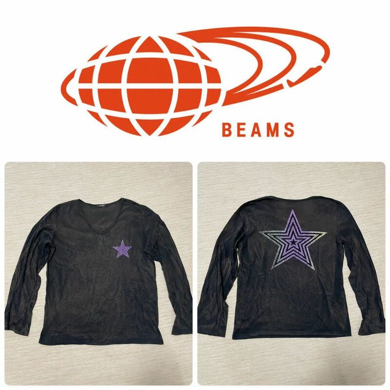 BEAMS ビンテージ 加工 星 柄 ラメ ラバー プリント Vネック 長袖 カットソー L 90's 80's Tシャツ