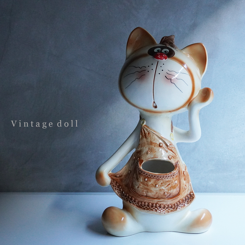 昭和 レトロ ヴィンテージ フィギュリン 約33cm 猫 ペン立て 置物 K&T HAND CRAFT ネコ ねこ 人形 陶器 インテリア ディスプレイ おもちゃ
