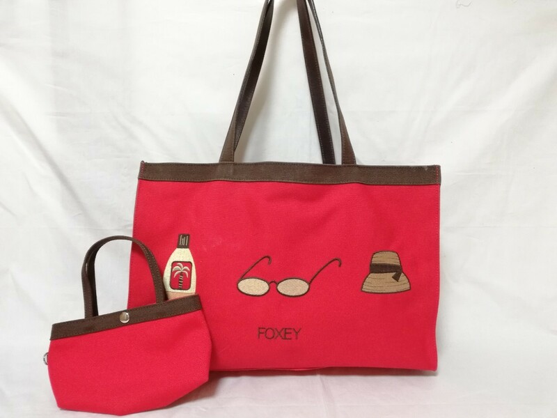FOXEY フォクシー トートバッグ ポーチ付き キャンバス レッド ハンドバッグ 赤 バッグ